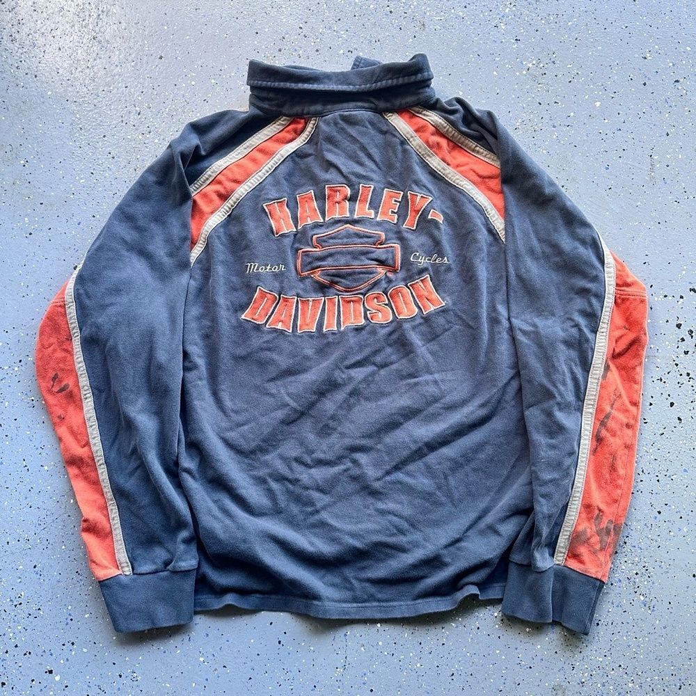 VTG Y2K Harley-Davidson XL Blue Mock Neck Button-Up Sweatshirt Faded